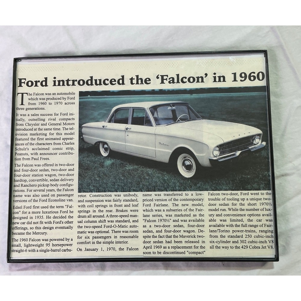 Vintage Ford Falcon 1960 Framed Wall Art Newspaper Print 11x8.5 Car Decor